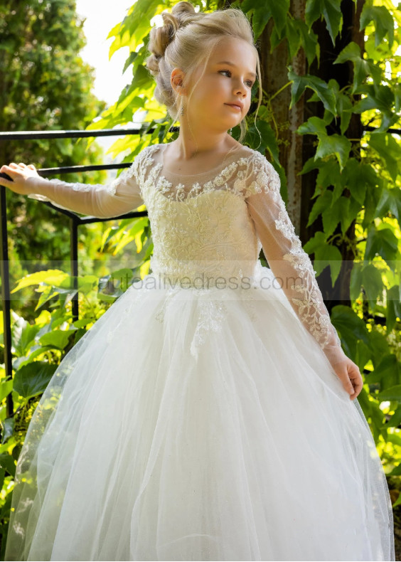 Beaded Ivory Lace Tulle Flower Girl Dress With Removable Train